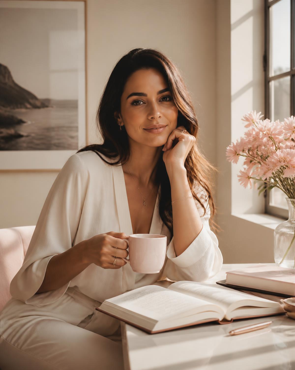 Mulher em um momento tranquilo de autocuidado, com café e diário